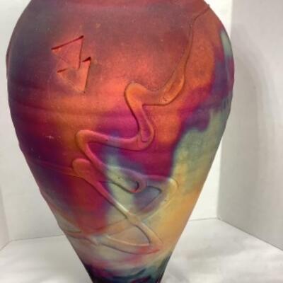 N - 165 Artisan Signed/ Crafted Colorful Raku Pottery Vase 