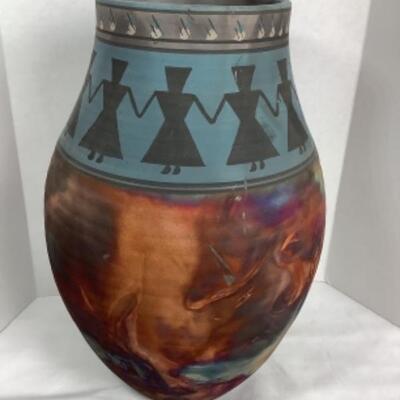 N - 166 Artisan Signed Raku Tribal Figures, Pottery Vase 