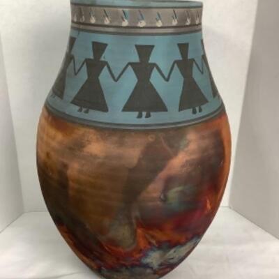 N - 166 Artisan Signed Raku Tribal Figures, Pottery Vase 
