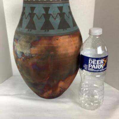 N - 166 Artisan Signed Raku Tribal Figures, Pottery Vase 