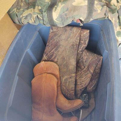 LOT 71 - Camo waders, cowboy boots, bow and arrows(no tips)