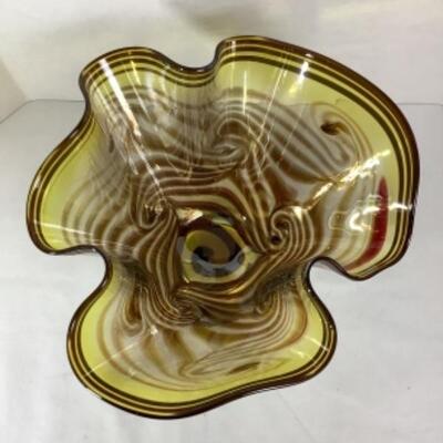 N - 175 David Reade Crafted & Signed Amber, Folded/Wavey Glass Bowl 