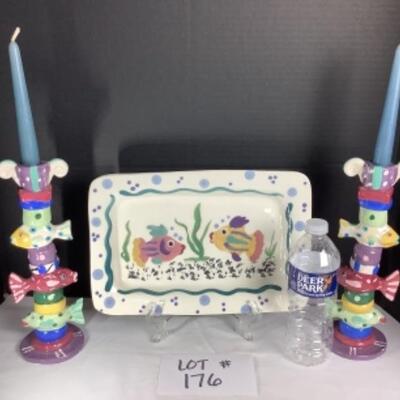 N - 176 Artisan Signed Fish Themed Pottery Lot 