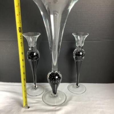 N - 178  Three Piece Craftsman Signed Hand Blown Vase/Candle Holder Set 