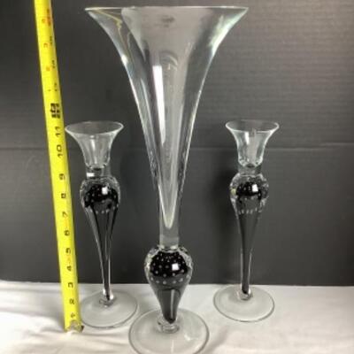 N - 178  Three Piece Craftsman Signed Hand Blown Vase/Candle Holder Set 