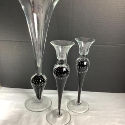 N - 178  Three Piece Craftsman Signed Hand Blown Vase/Candle Holder Set 