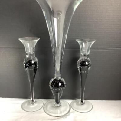 N - 178  Three Piece Craftsman Signed Hand Blown Vase/Candle Holder Set 