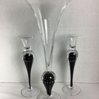 N - 178  Three Piece Craftsman Signed Hand Blown Vase/Candle Holder Set 