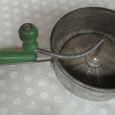 Nice 12 Count Muffin Tin, Very Neat Green Handled Foley Food Mill Masher, Ice Cream Scoop