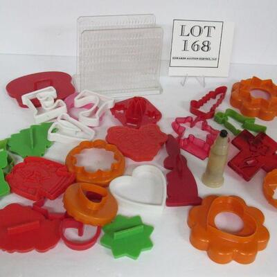 Large Lot of Older Plastic Cookie Cutters, MCM Napkin Holder, Art Deco Pepper Shaker