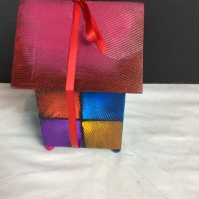 N - 203  Artisan Signed Hand Painted/Crafted Wooden Bank  & Hand Blown Glass Heart Shaped Paper Weight 