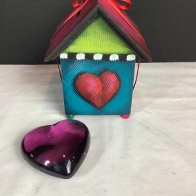 N - 203  Artisan Signed Hand Painted/Crafted Wooden Bank  & Hand Blown Glass Heart Shaped Paper Weight 