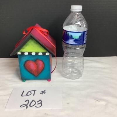 N - 203  Artisan Signed Hand Painted/Crafted Wooden Bank  & Hand Blown Glass Heart Shaped Paper Weight 
