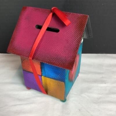 N - 203  Artisan Signed Hand Painted/Crafted Wooden Bank  & Hand Blown Glass Heart Shaped Paper Weight 