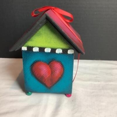 N - 203  Artisan Signed Hand Painted/Crafted Wooden Bank  & Hand Blown Glass Heart Shaped Paper Weight 