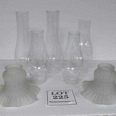 Lot of 5 Glass Chimneys and 2 Glass Shades
