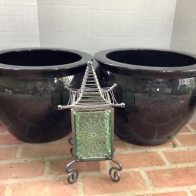 O - 298. Two Black Planters / 1 Asian Inspired Candle Holder 