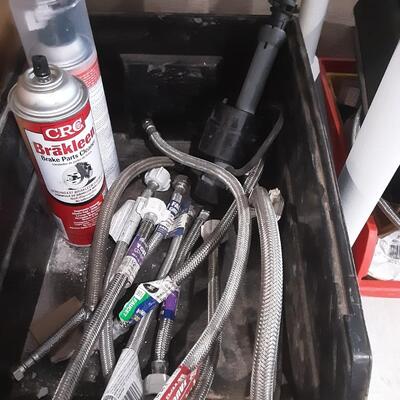 LOT 88 - various hose, tape, john-ring plus,, Everbilt and Fluidmaster wax rings, Wall texture spray, auto parts brakleen, etc. as shown