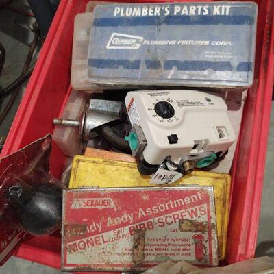 lot 130 - Bin of assorted plumbing hose, tools, parts, kits, etc. as shown