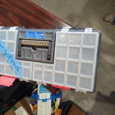 lot 131 - Tool box of assorted wrenches, sockets, drill bits, etc. (50+)