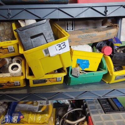 lot 133 - Several bins of assorted plumbing parts on this shelf only