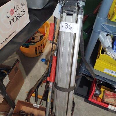 lot 136 - Tripod easel for equipment,, plumbing toilet augers/tips
