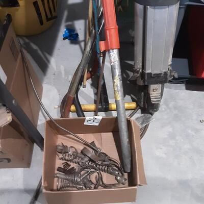 lot 136 - Tripod easel for equipment,, plumbing toilet augers/tips