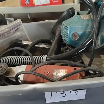 lot 139 -Gray bin with assorted power tools, etc. as shown on table top only