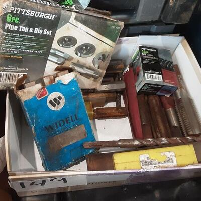 lot 149 - Pipe tap & die set, stamping set, Coleman power mate drill, etc