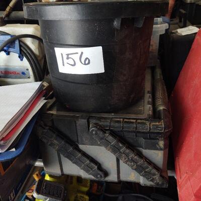 lot 156 - Husky organizer box with copper/brass/plumbing, Assorted plumbing/construction in bucket and bin