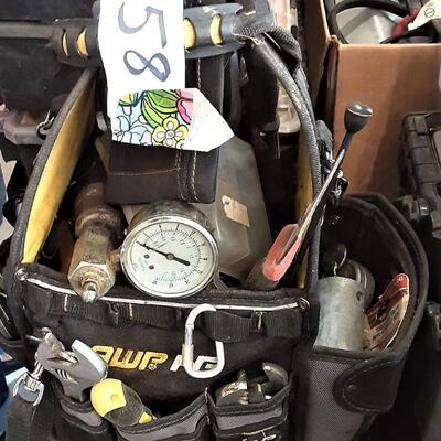 lot 158 =Tool bag with assorted plumbing, water test gauge, screwdrivers, cutters, wrench, etc. as shown