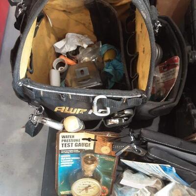 lot 158 =Tool bag with assorted plumbing, water test gauge, screwdrivers, cutters, wrench, etc. as shown