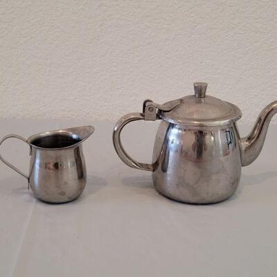LOT 11: Vintage Stainless Small Single Cup Teapot and Creamer