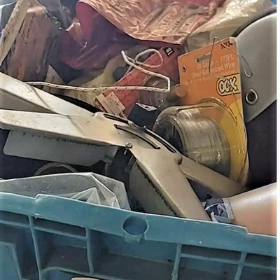 lot 176 Blue bin of assosrted plumbing, construction, etc.