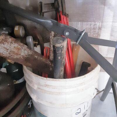 lot 211 - clamps, hammers, wrenches, saws, etc. 
