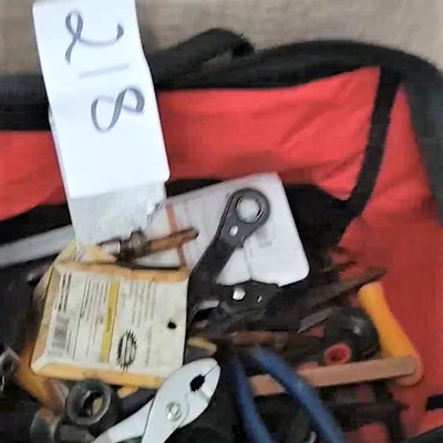218 -Red tool bag with assorted tools, contents, etc.
