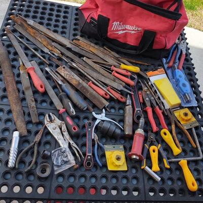 218 -Red tool bag with assorted tools, contents, etc.