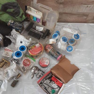 Lot 227 of assorted plumbing incl. Lav guard, fluid siphon pump, pvc parts, tools, zip ties, plumbers tape, 