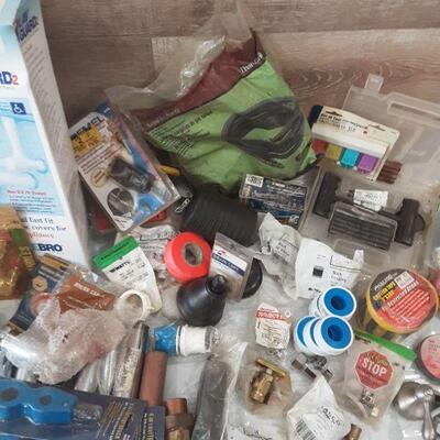 Lot 227 of assorted plumbing incl. Lav guard, fluid siphon pump, pvc parts, tools, zip ties, plumbers tape, 