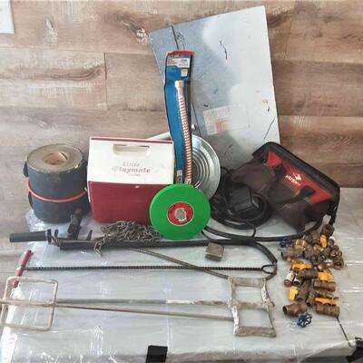 lot 229 - 20+ Copper and brass, mixer tools, water key, sand paper roll, Playmate cooler, etc. 