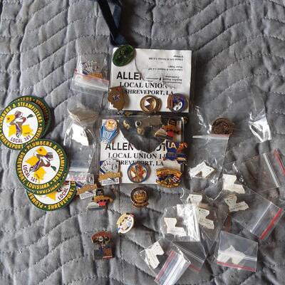 lot 230 - 50+ Plumbers  pins incl. Union pins, training pins, Council pins, Plumbing belt buckle, etc. with 6 multi-purpose zippered bags