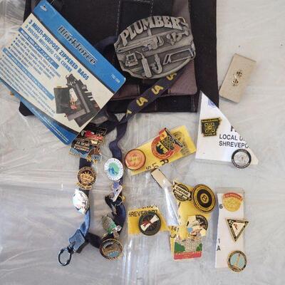 lot 230 - 50+ Plumbers  pins incl. Union pins, training pins, Council pins, Plumbing belt buckle, etc. with 6 multi-purpose zippered bags