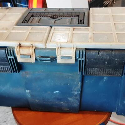 lot 258 - Tool box of assorted parts and tools as shown, including Transformer, Ratchet driver, safety glasses, dual capacitor, tape...