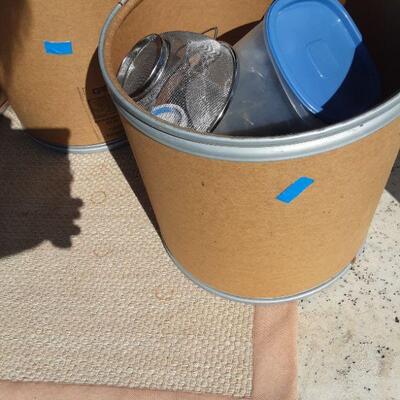 Round bin of asstd dishes, stand mixer, utensils, etc.