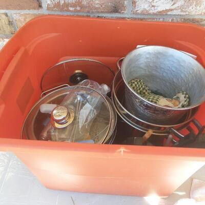lot 301 - Orange bin of nice stainless seafood cooker pots and pans, utensils, etc.