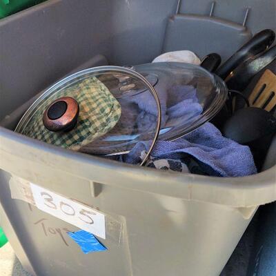 lot 305 - Bin of Dishes, pots and pans