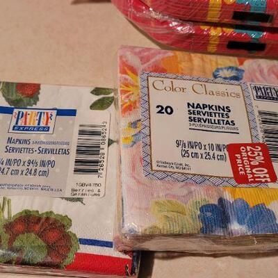 Lot 39: Assorted Disposable Plates, Napkins + Tablecloth