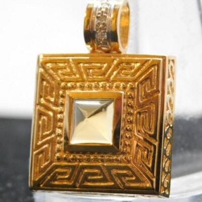 14 KT Gold Greek Key Pendant with Citrine Stone Setting and .04 ctw Diamonds 8.2 grams