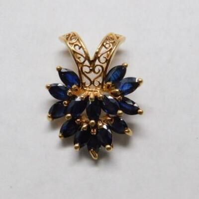 14 KT Gold Marquise Cut Blue Sapphire Slide Pendant 4.1 grams