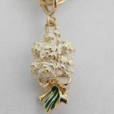 14 KT Triple Link Gold Charm Bracelet with Floral Bouquet and Flower Charms 14 grams